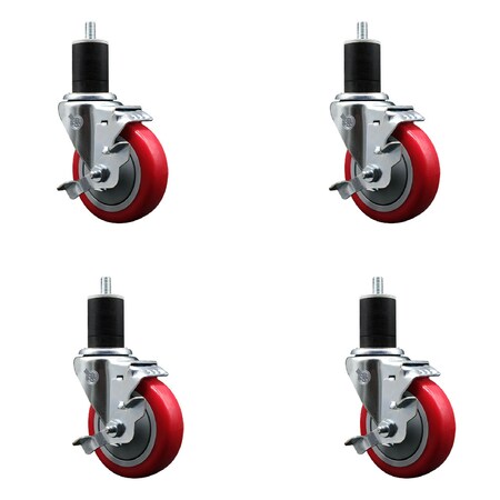 Service Caster 4'' SS Red Poly Swivel 1-3/4'' Expanding Stem Caster Set with Brake, 4PK SCC-SSEX20S414-PPUB-RED-TLB-134-4